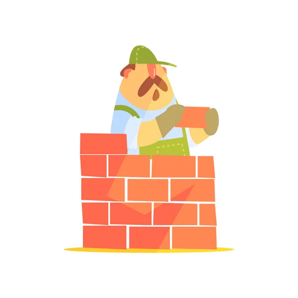 Constructor colocando una pared de ladrillo en el sitio de construcción — Vector de stock