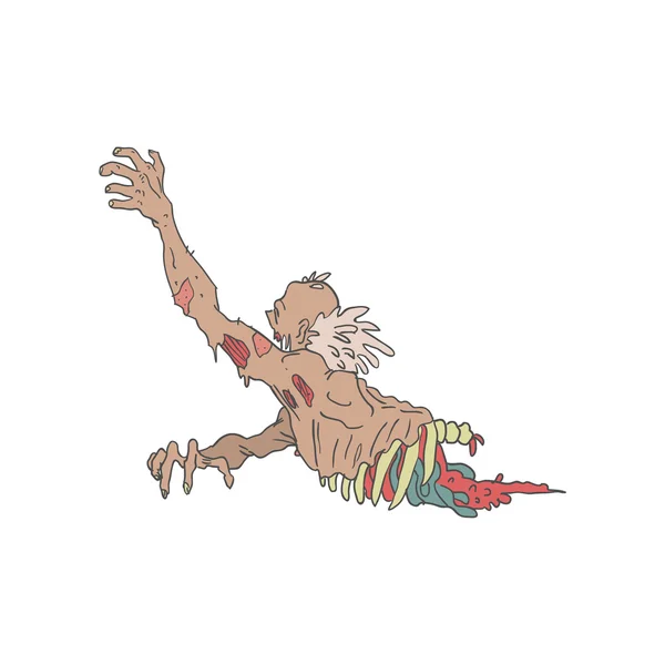 Meio Bod assustador zombie arrastando intestinos esboçado desenho — Vetor de Stock