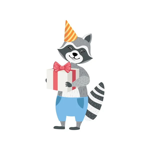 Waschbär niedliche Tierfigur auf Geburtstagsparty — Stockvektor