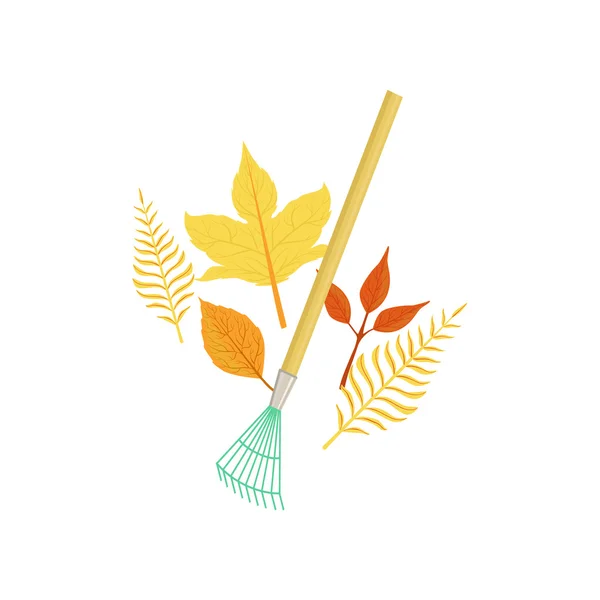 Rake And Fallen Leaves As Autumn Attribute — Stock Vector