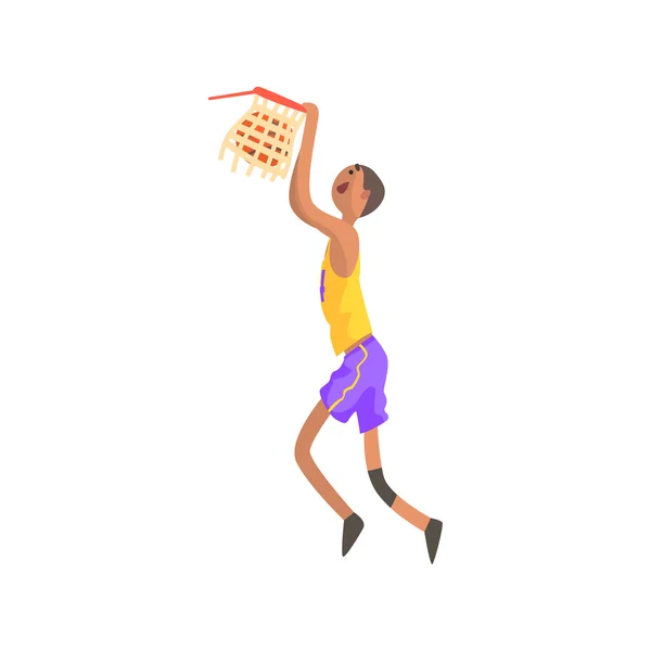 Basketbalspeler opknoping op doel actie sticker — Stockvector