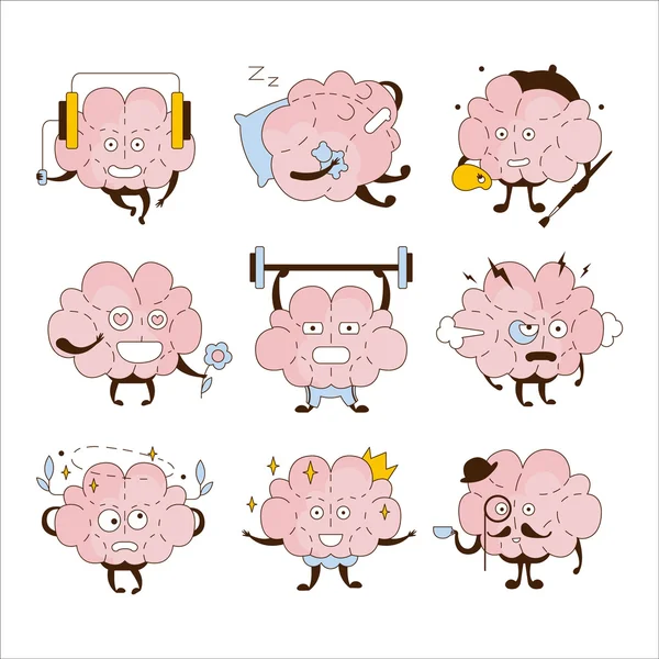 Brain olika aktiviteter och uttryckssymboler Ikonuppsättning — Stock vektor