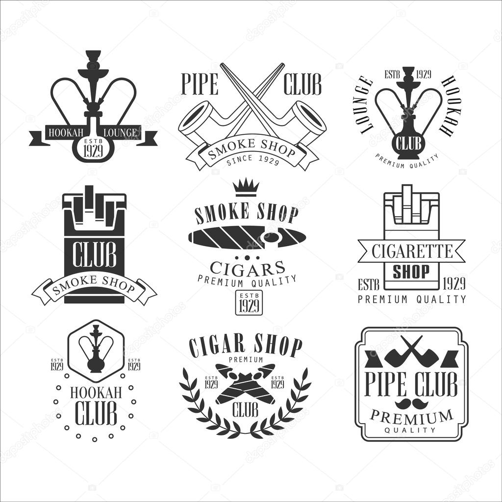 Smoke Shop Vintage Black And White Emblems. Isolated On White Background.