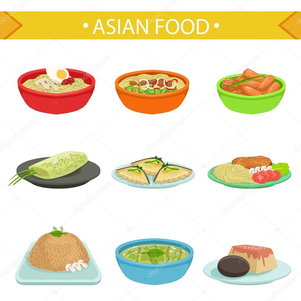 Asian Food Famous Dishes Illustration Set