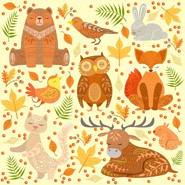 Animales forestales cubiertos en patrones ornamentales Ilustración — Vector de stock