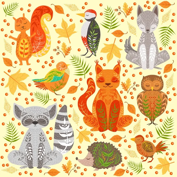 Zwierzęta leśne pokryte w Kratywnych ozdoby ilustracja — Wektor stockowy