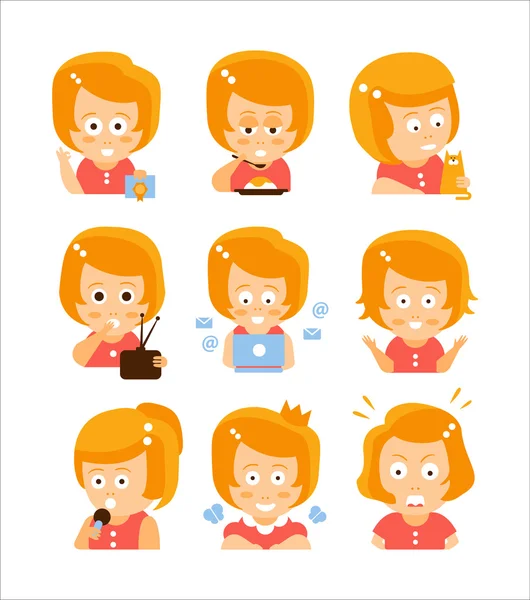 Young Red Head Girl Cute Portrait Icons — ストックベクタ