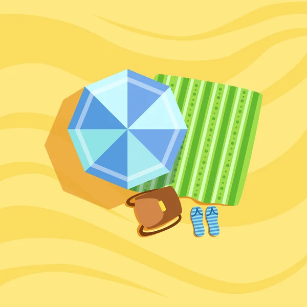 Рюкзак, шлепанцы и зонтик на пляже композиция — стоковый вектор
