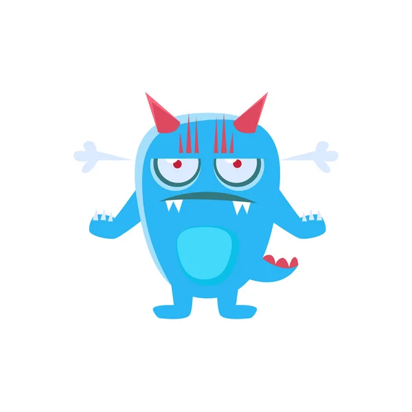 Angry Blue Monster With Horns And Spiky Tail — Stock Vector