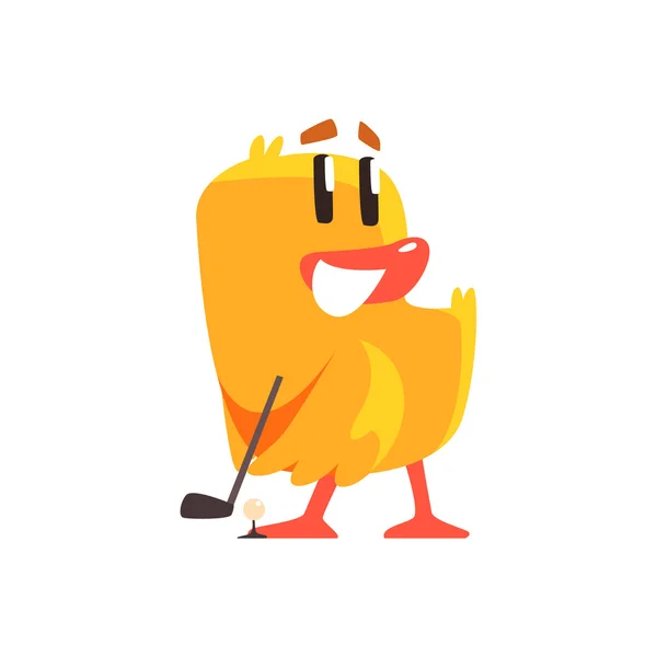 Duckling Playing Golf Cute Character Sticker — Stock Vector