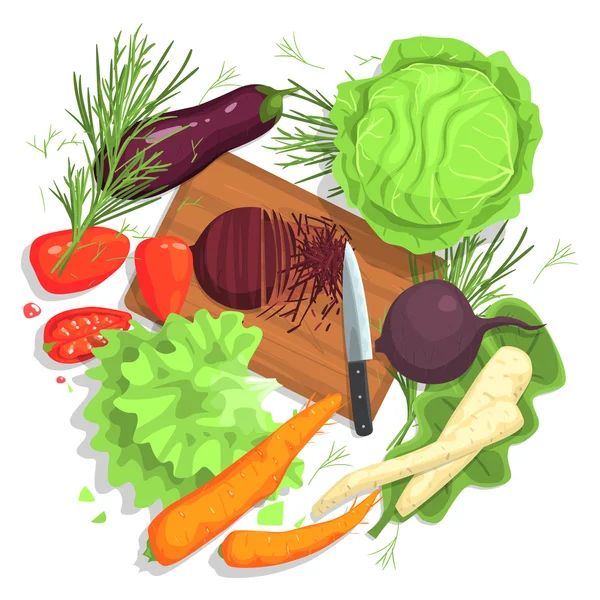 Cutting Vegetables Drawing, With  Board And Fresh Crops - Stok Vektor