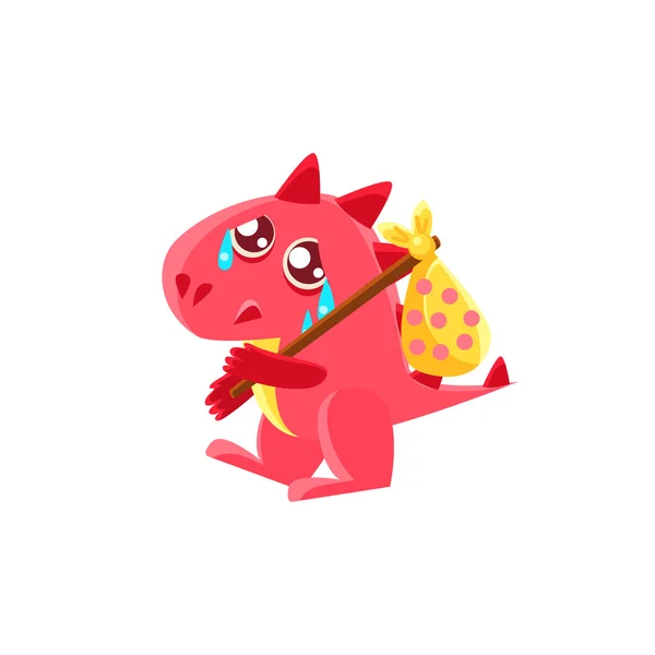 Dragón rojo saliendo con el saco en la ilustración del palo — Vector de stock