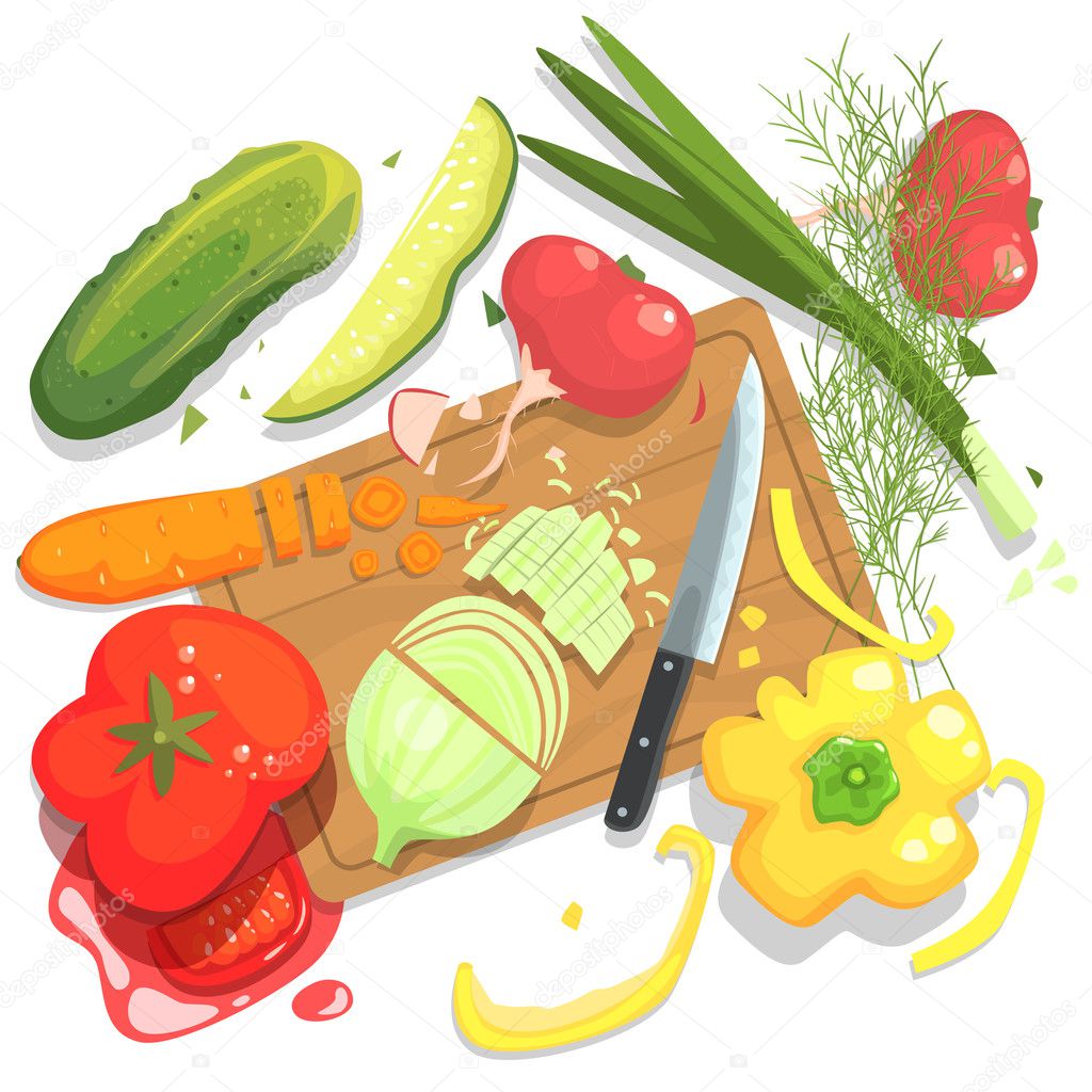 Cutting Vegetables Illustration, With  Board And Fresh Crops