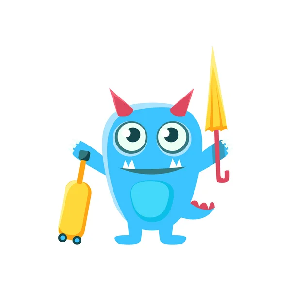 Tourist Blue Monster With Horns And Spiky Tail — Stock Vector