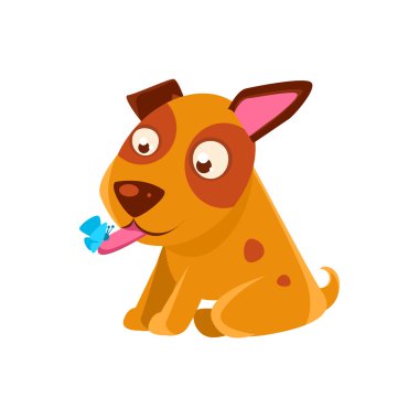 Dilinde bir kelebeğe bakan köpek yavrusu