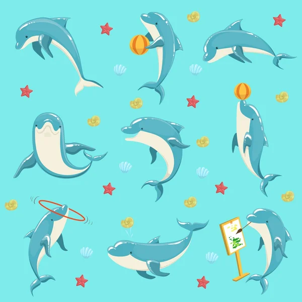 Bottlenose Dolphin Realizando Truques Conjunto de Ilustrações — Vetor de Stock
