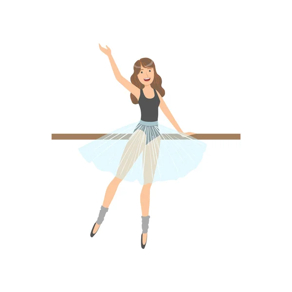 Chica usando calentadores de piernas en clase de danza de ballet haciendo ejercicio con el poste — Archivo Imágenes Vectoriales