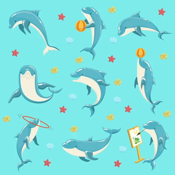 Bottlenose Dolphin Performing Tricks Set of Illustrations — Stock Vector