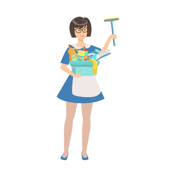 Hotel Professional Maid With Window Washing Equipment Illustration - Stok Vektor