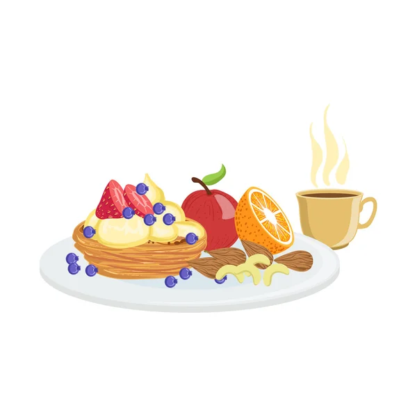 Cake, Fruit And Coffee Breakfast Набор напитков — стоковый вектор