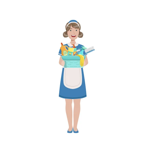 Femme de ménage professionnelle d'hôtel avec le seau de l'illustration chimique de ménage — Image vectorielle