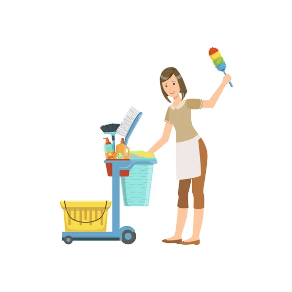 Hotel Professional Maid with Cleaning Equipment Cart Illustration — стоковый вектор