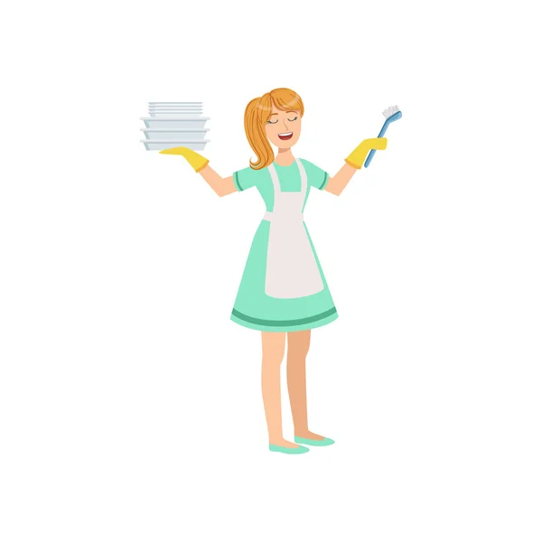 Illustration professionnelle de vaisselle de lavage de femme de chambre d'hôtel — Image vectorielle