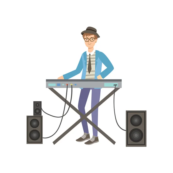 Chico que toca el piano eléctrico, ilustración creativa de la persona — Vector de stock