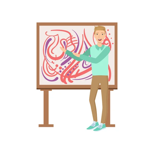 Omul care stă lângă pictură abstractă, ilustrație creativă — Vector de stoc
