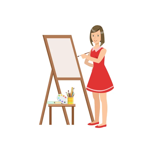 Ábrán piros ruhát, kreatív ember, nő festő — Stock Vector