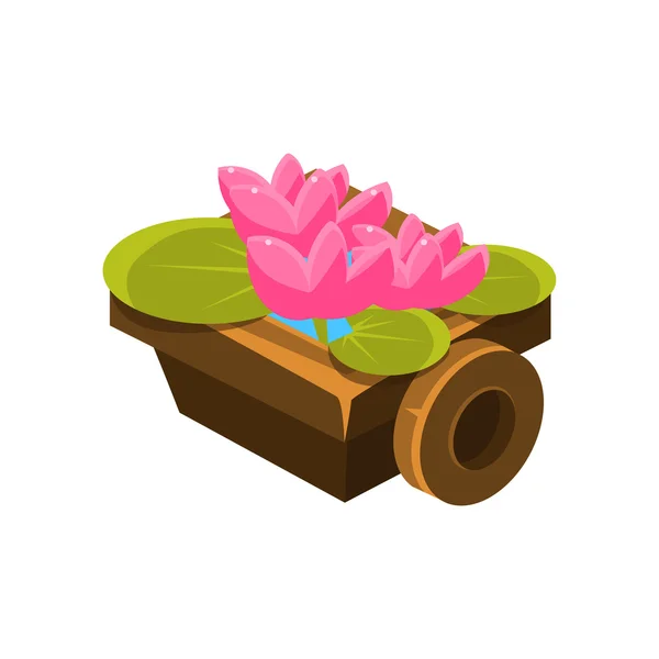 Wooden Pot With Water Lilies Isometric Garden Landscaping Element — Stock vektor