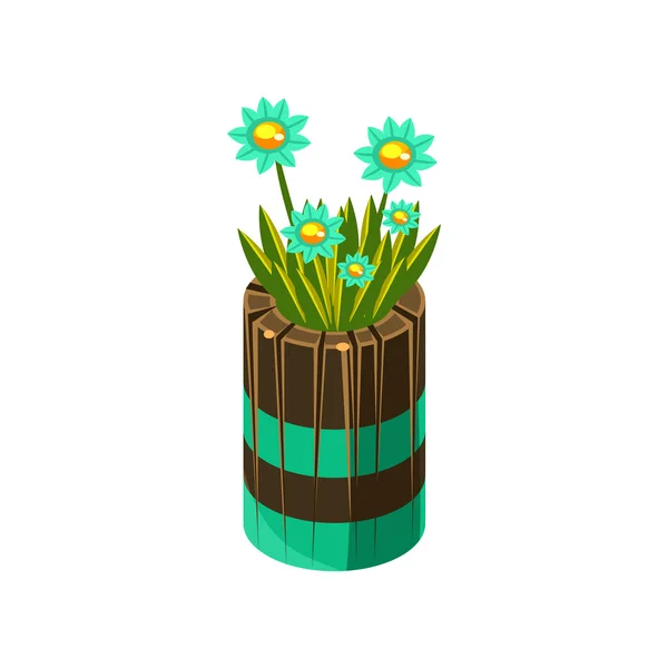 Wooden Pot With Flowers Isometric Garden Landscaping Element — Stock vektor