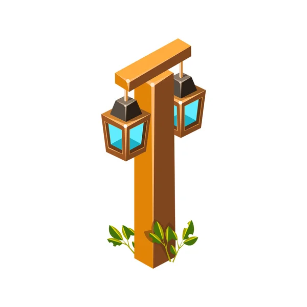 Post With Stylized Lantern Lamps Isometric Garden Landscaping Element — Stock vektor