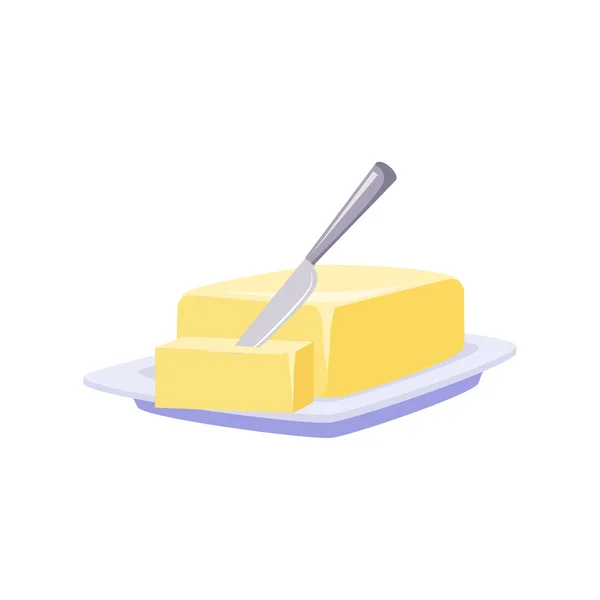 Brick Of Butter On Plate With Knife, Milk Based Product Isolated Icon — Stock vektor