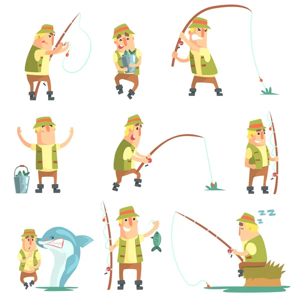 Balıkçı farklı komik durumlar küme resimler — Stok Vektör