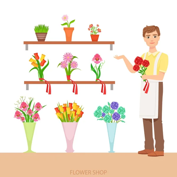 Floristería masculina en la tienda de flores demostrando el surtido — Vector de stock