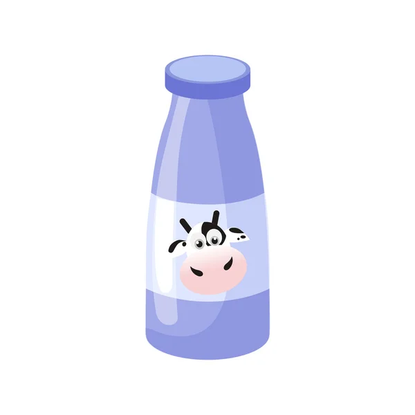 Botella con vaca en la etiqueta, producto a base de leche Icono aislado — Archivo Imágenes Vectoriales
