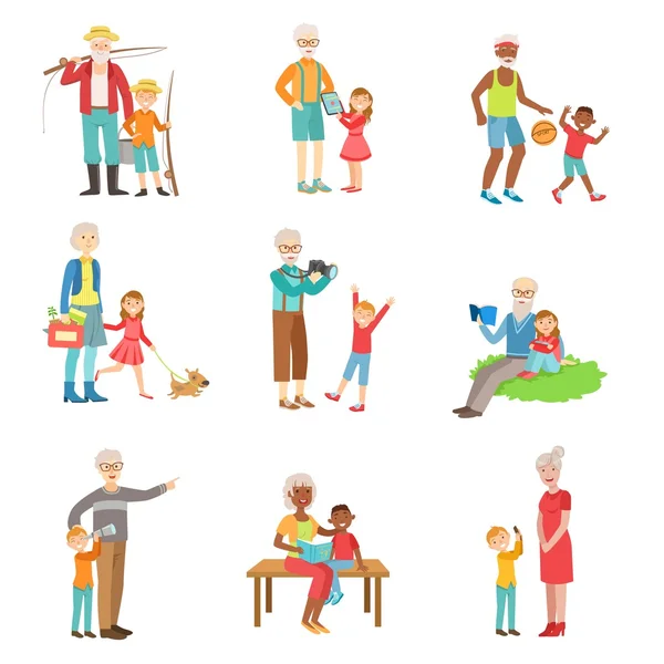 Grandparents And Kids Spending Time Together Set Of Illustrations — Stock Vector