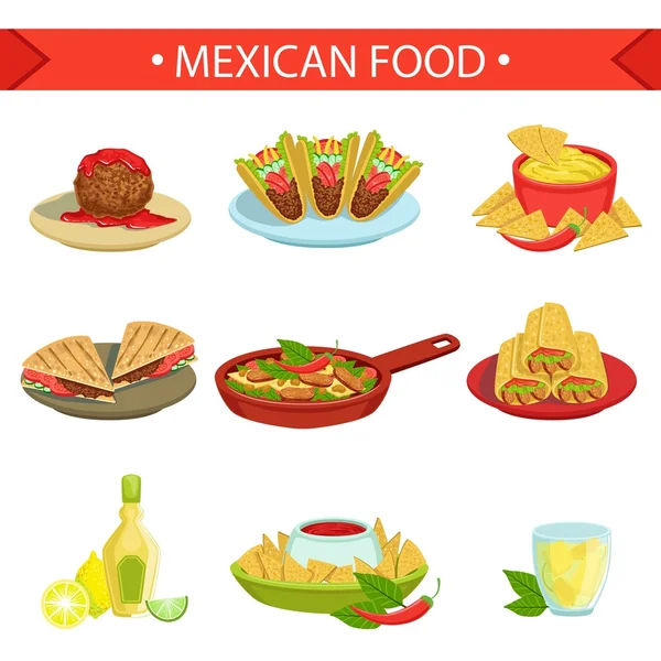 Zestaw ilustracji znanych potraw kuchni meksykańskiej — Wektor stockowy