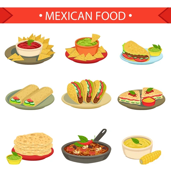 Mexican Food podpis dania ilustracja zestaw — Wektor stockowy