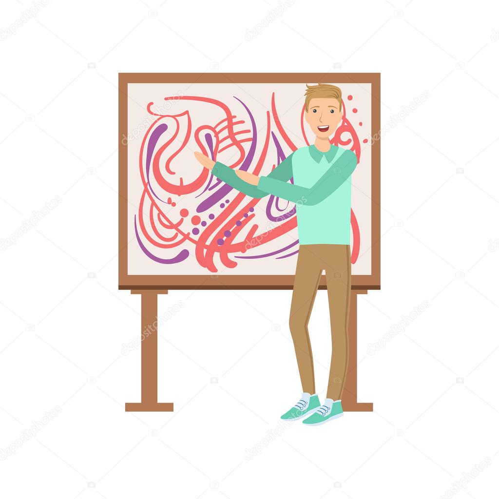 Man Standing Next To Abstract Painting, Creative Person Illustration
