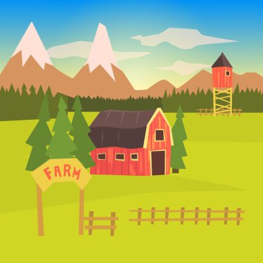 Çiftlik ve çevresindeki manzara renkli Sticker