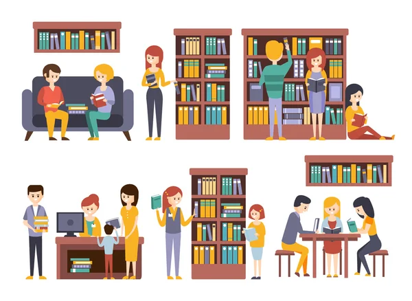 Bibliothèque et librairie avec des gens — Image vectorielle