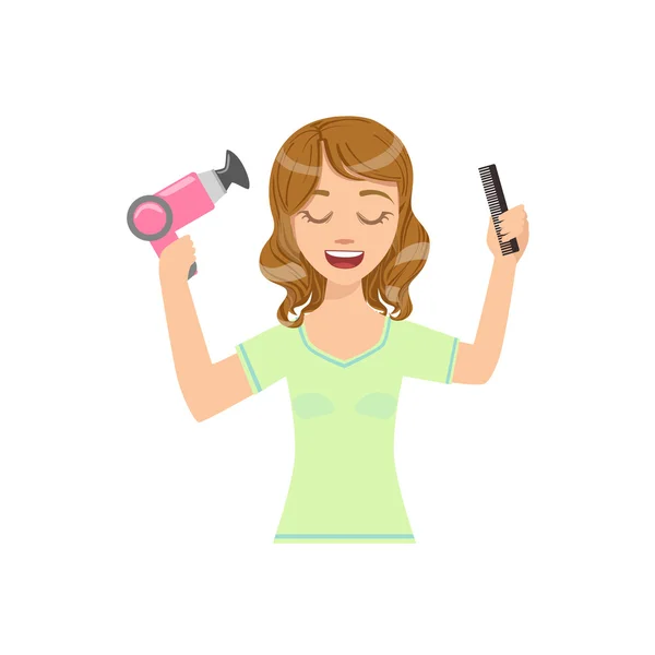 Woman Drying Hair With Hairdryer — Stock Vector
