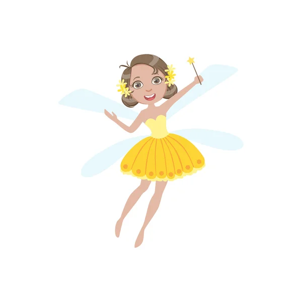 Schattig Feetjie In gele jurk Girly stripfiguur — Stockvector