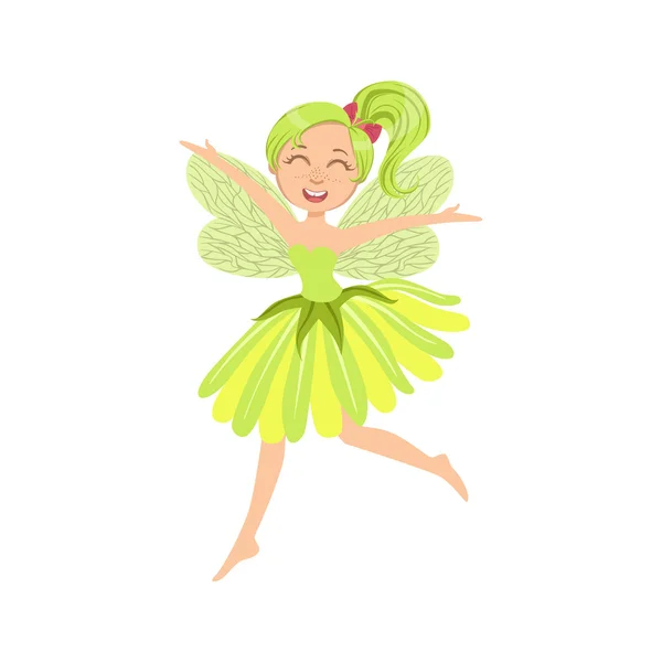 Cute Fairy In Green Dress Girly Cartoon Character — Stock Vector