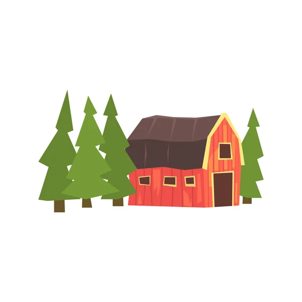 Barn And Fir Trees Colorful Farm Sticker — Stock vektor