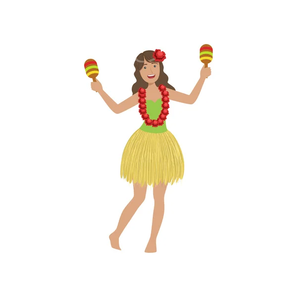 Chica jugando Maracas Hawaiian Vacation Classic Symbol — Vector de stock