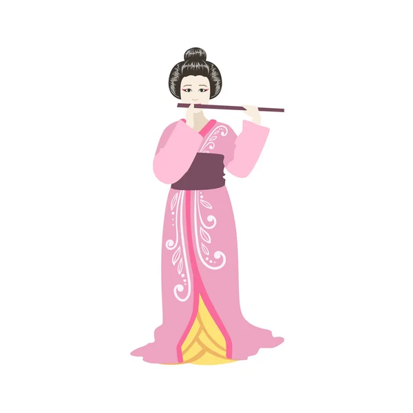 Geisha japonesa tocando la flauta — Vector de stock
