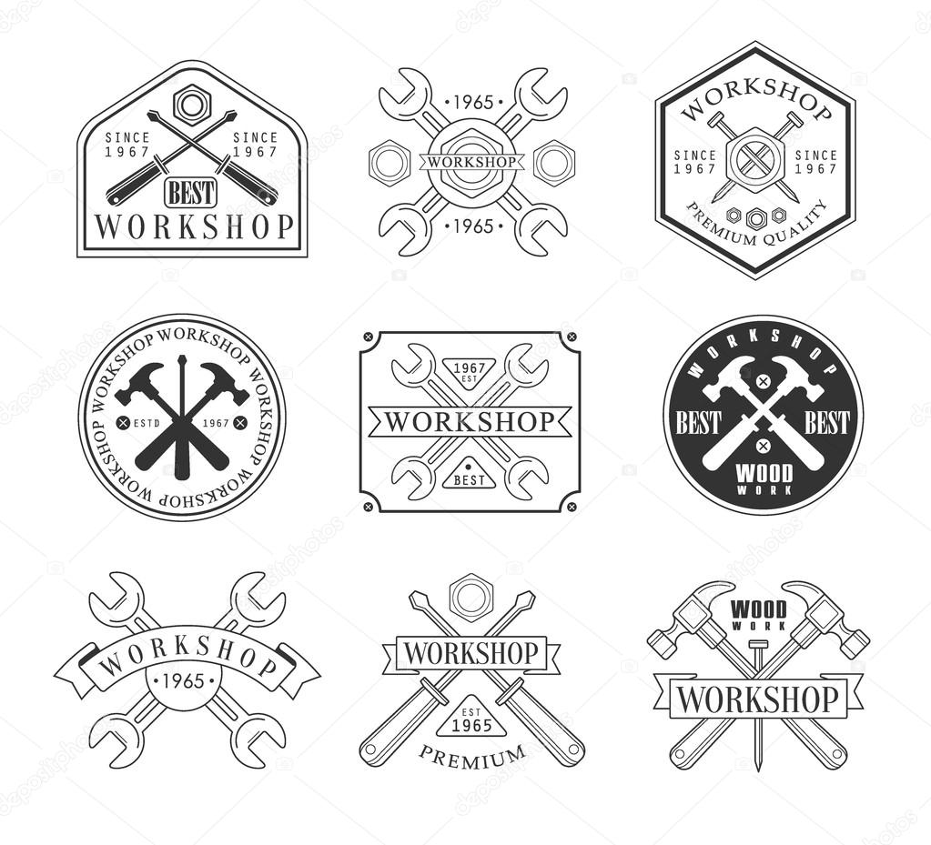 Wood Workshop Black And White Emblems. Classic Style Vector Monochrome Graphic